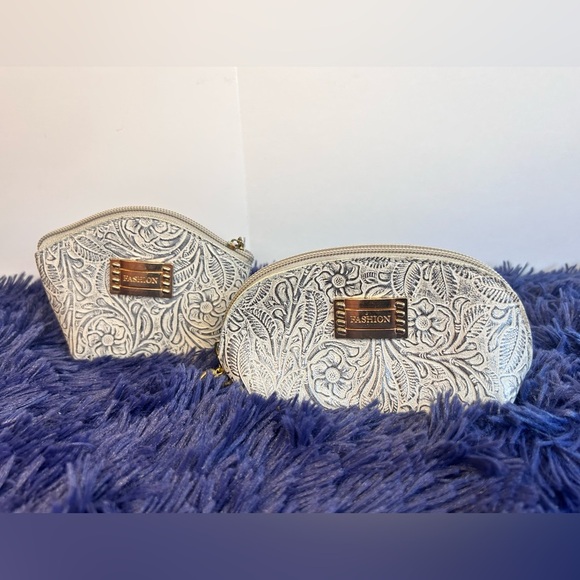 Handbags - COSMETIC BAG & COIN Bag, LEATHER Cosmetic Pouch, Hand tooled Leather, Artesanal